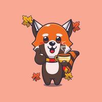 Cute red panda with coffee in autumn season vector