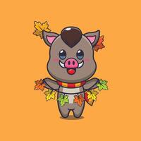 Cute boar with autumn leaf decoration vector