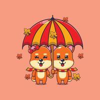 linda Pareja shiba inu con paraguas a otoño temporada vector