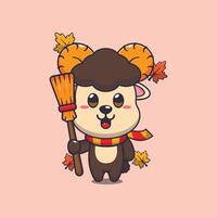 Cute autumn ram sheep holding broom vector