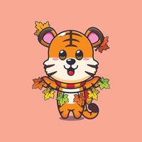 Cute tiger with autumn leaf decoration vector