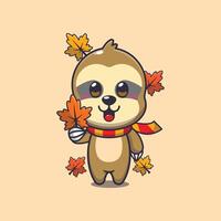 Cute sloth holding autumn leaf vector