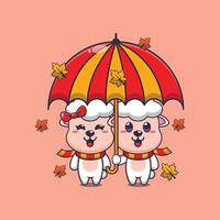 Cute couple sheep with umbrella at autumn season vector