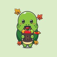 Cute turtle holding a apple in wood bucket vector