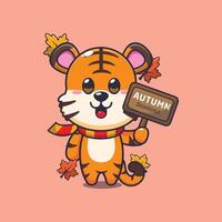 Cute tiger with autumn sign board vector