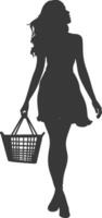 Silhouette women with Shopping basket full body black color only vector