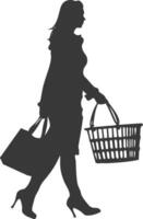 Silhouette women with Shopping basket full body black color only vector