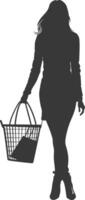 Silhouette women with Shopping basket full body black color only vector