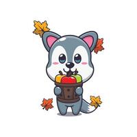 Cute wolf holding a apple in wood bucket vector