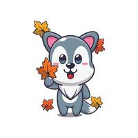 Cute wolf holding autumn leaf vector