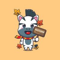 Cute zebra with autumn sign board vector