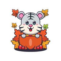 linda blanco Tigre en un calabaza a otoño estación. mascota dibujos animados ilustración adecuado para póster, folleto, web, mascota, pegatina, logo y icono. vector