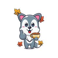 Cute wolf with coffee in autumn season vector