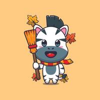 Cute autumn zebra holding broom vector