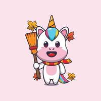 Cute autumn unicorn holding broom vector