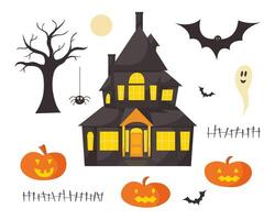 Happy Halloween isolated elements for design, print on transparent background. Collection of cute spooky characters ghost, pumpkin, bat, spider, house vector