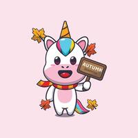 Cute unicorn with autumn sign board vector