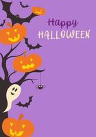 Happy Halloween greeting card or invitation to a party with cute halloween characters like ghost, jack-o-lantern and bat vector