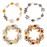 Autumn wreaths of leaves, berries and twigs in trendy shades Copy space Set of 4 Greetings Template vector