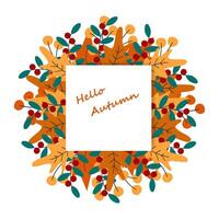 Hello Autumn Text Inside Frame of Fall Leaves on sticker note page Copy space Greetings design idea vector