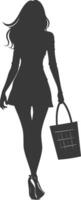 Silhouette women with Shopping basket full body black color only vector