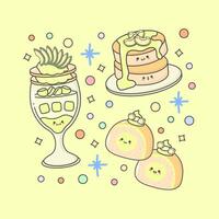 sweet dessert parfait roll cake pancake avocado with cute facial expressions and pastel colour vector