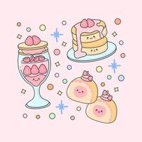 sweet dessert parfait roll cake pancake strawberry with cute facial expressions and pastel colour vector