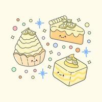 sweet dessert cream tart slice cake sponge cake melon with cute facial expressions and pastel colour vector