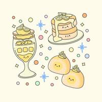 sweet dessert parfait roll cake pancake melon with cute facial expressions and pastel colour vector