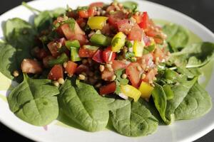 spinach salad with lentils, tomato, pepper, coriander photo