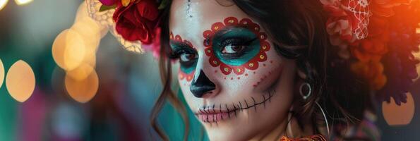 Portrait of a young woman with makeup of day of the dead and mexican flag photo