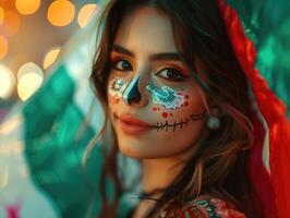 Portrait of a young woman with makeup of day of the dead and mexican flag photo