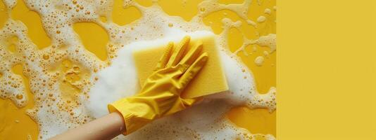 Cleaning with Yellow Rubber Glove and Sponge, Household Chores photo