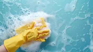 Cleaning with Yellow Rubber Glove and Sponge, Household Chores photo