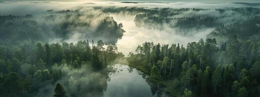 Fog lake and forest landscape, aerial view photo