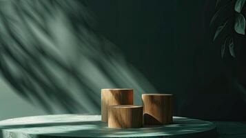 natural wooden cube podiums on deep dark green background, mockup photo