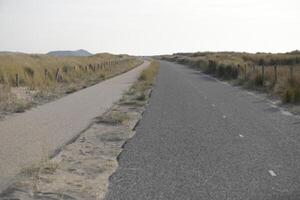 caminando y montar en bicicleta camino en el dunas, playa en el invierno, Países Bajos foto