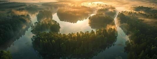 Fog lake and forest landscape, aerial view photo