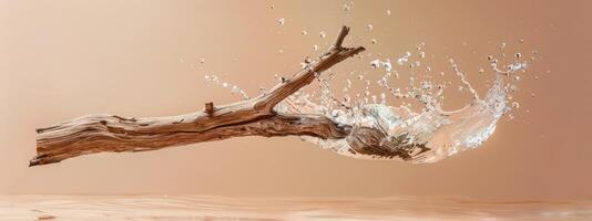 Natural Elegance, Suspended Dried Wood with Splashing Water photo