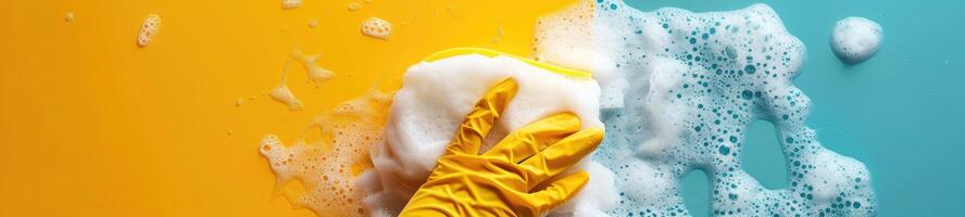 limpieza con amarillo caucho guante y esponja, casa quehaceres foto