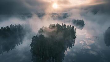 niebla lago y bosque paisaje, aéreo ver foto