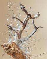 Natural Elegance, Suspended Dried Wood with Splashing Water photo