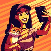 mano dibujado ilustración de un joven asiático mujer tomando un selfie con su mentecato gato a el dorado hora. mujer con un sombrero siendo tocado por el Dom y oscuridad creado por el cortinas vector