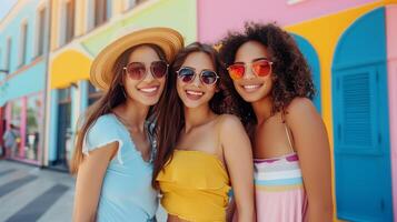 Three diverse friends sharing a joyful moment in a colorful city photo