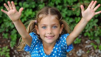 Joyful young girl waving hands in polka dot dress outdoors photo