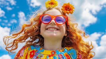 Joyful young girl with red glasses enjoying sunny day photo
