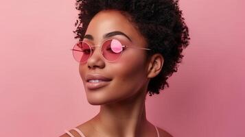 Stylish young woman in pink sunglasses on pink background photo