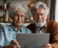 Elderly couple bonding over technology in cozy home photo