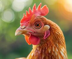Close-up view of a vibrant chicken in natural light photo