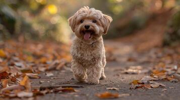 Joyful small dog playing among autumn leaves on sunny day photo